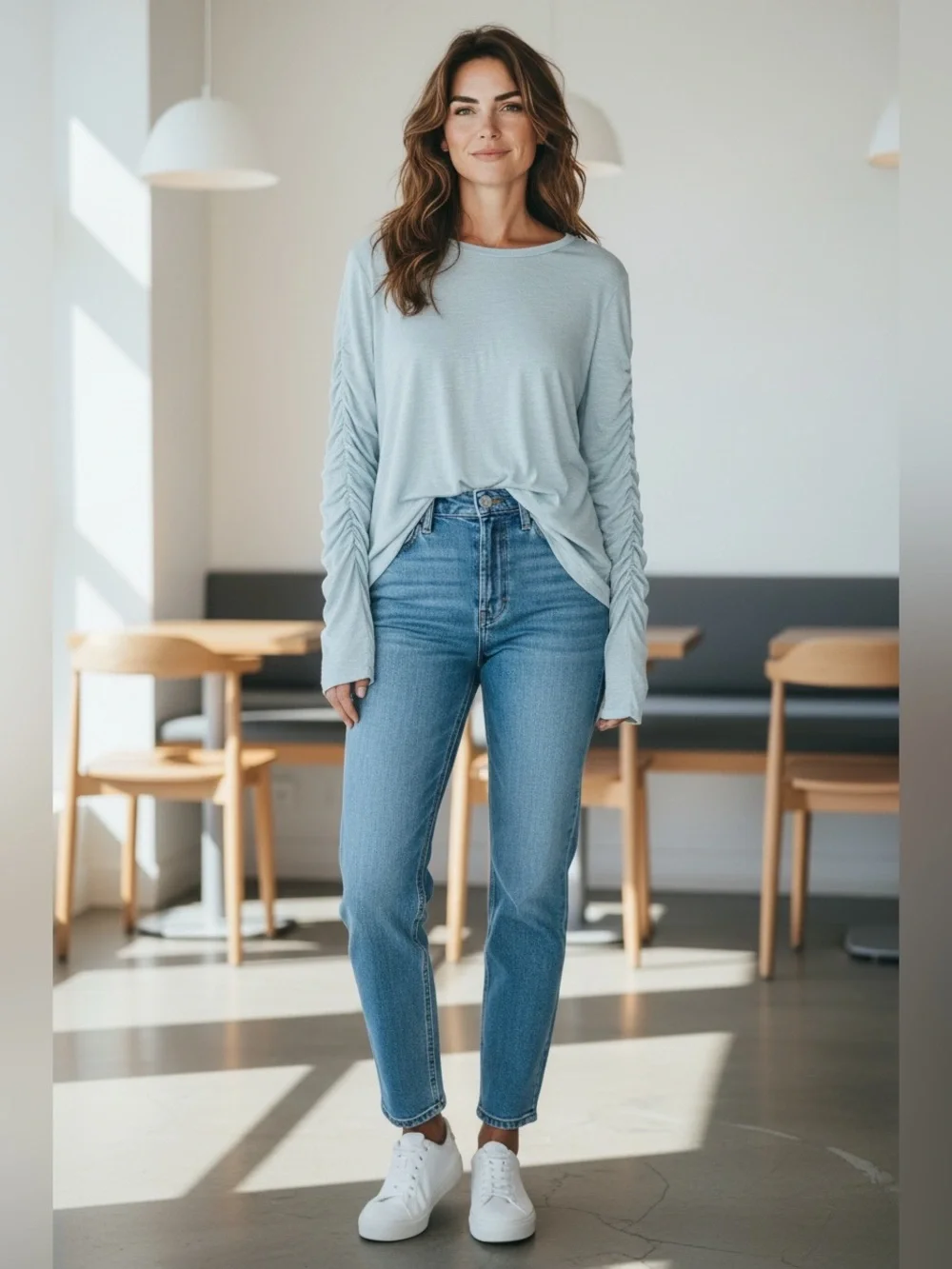 Free People light blue Ruched-Detail Long Sleeve Top